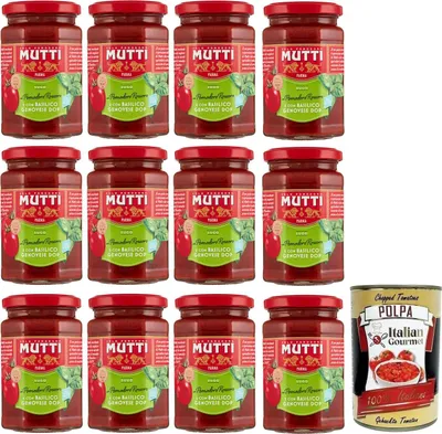 Produktbild von Mutti Sugo Tomatensauce mit Rosso-Tomaten & Basilikum Genovese DOP 12x280 ml – fertige Pastasauce ohne Zuckerzusatz, nur erhitzen & servieren + Italian Gourmet polpa