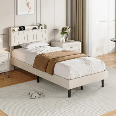 Obrázek produktu pro Postel ProximaX, jednolůžko, rozměry 90x200 cm, barva béžová, potah z lnu, s LED osvětlením, USB-C portem a roštovou základnou