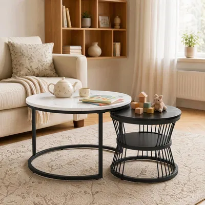 Produktbild von ProximaX Couchtisch Set 2-teilig Rund Schwarz-Weiß Marmoroptik mit Metallgestell
