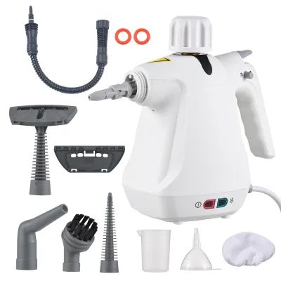 A white handheld steam cleaner with various attachments laid out around it on a white background.