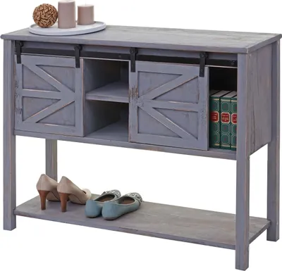 Zdjęcie produktu dla Komoda z szufladami HWC-D57, szafka kredensowa z przesuwanymi drzwiami, styl vintage 81x102x34cm ~ ciemnoszary