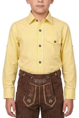 Image de Chemise traditionnel pour enfant, destiné à être porté avec des pantalons en cuir traditionnels et d'autres vêtements traditionnels, à motifs à carreaux, de couleur jaune, taille 128/134