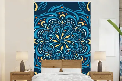 Produktbild von MuchoWow® Fototapete für Wohnzimmer oder Schlafzimmer Wandtapete Vinyl Motivtapete Blume - Gelb - Blau - Muster - 155x240 cm - Tapete