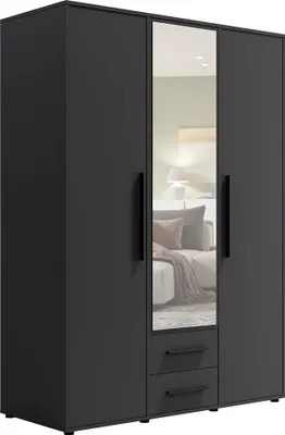 Produktbild von Schlafzimmer Kleiderschrank mit 150 cm Breite, schwarz matt mit schwarzen Griffen, mit 3 Türen & 2 Schubladen - MOLLERUSA-132