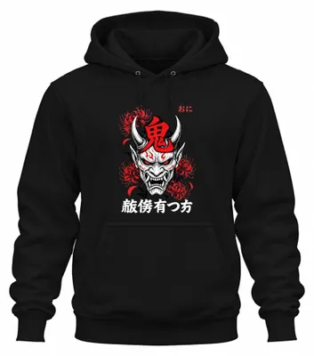 Produktbild von Japanischer Oni Dämon Maske Higanbana Japan Y2K Manga Hoodie Kapuzenpullover, Schwarz, M