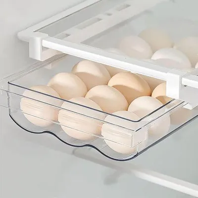 Zdjęcie produktu dla Pojemnik na jajka Unyqoos® do lodówki – pojemnik na jajka wykonany z PET/ABS, z systemem szyn i uchwytem, regulowany od 30 do 44 cm, idealny do zamrażarki i jako organizer kuchenny