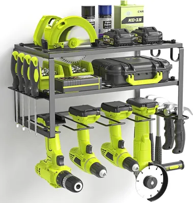 Produktbild von Aufbewahrungsregal mit 3 Ebenen für Werkzeuge - Wandmontage, Bohrhalter und Seitenregal - Ideal für Garage und Werkstatt