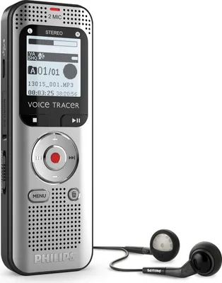 A Philips Voice Tracer digital voice recorder with earbuds.