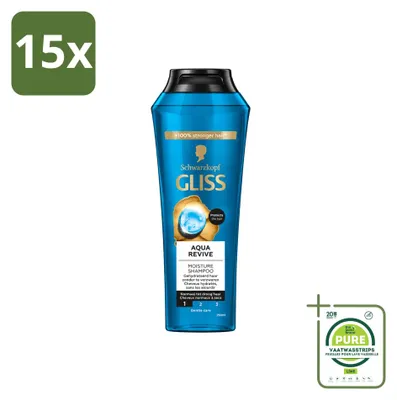 Imagen del producto de 15 unidades de champú Gliss Aqua Revive, para cabello hidratado, 250 ml cada uno. Pack grande