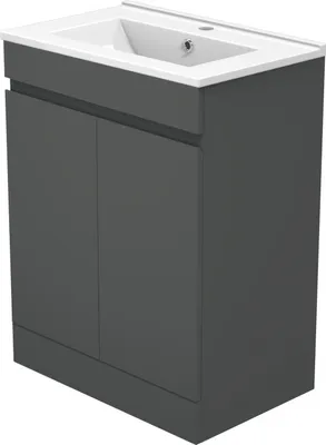 A dark gray bathroom vanity with a white sink on top, shown from a three-quarter angle.