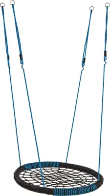 A blue and black oval nest swing suspended by four blue ropes against a white background.