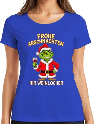 Produktbild von Frohe Arschnachten Weihnachtsgrinch Weinhumor Geschenk Weinparty Damen T-Shirt, Blau, XXL