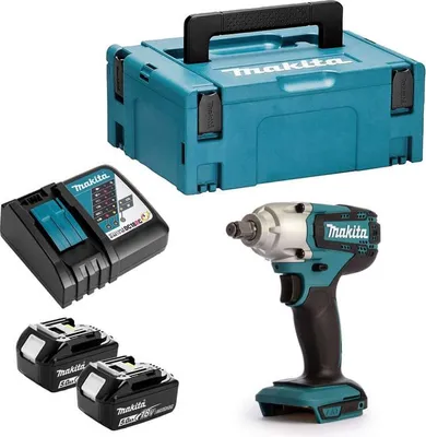 A Makita impact wrench kit including the tool, two batteries, a charger, and a storage case, arranged on a white background.