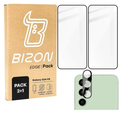 A product package for screen protectors and camera glass for a Samsung Galaxy S24 FE, shown with the product packaging and the items themselves.