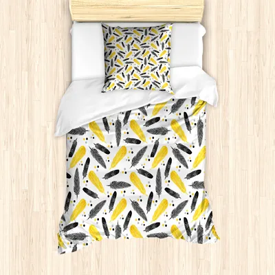 Produktbild von ABAKUHAUS Feder Mantele, Bohemian exotische Plumage, Milbensicher Allergiker geeignet mit Kissenbezügen, 135 cm x 200 cm - 80 x 80 cm, grau Gelb