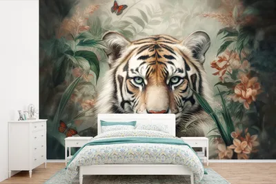 Produktbild von MuchoWow® Fototapete für Wohnzimmer oder Schlafzimmer Wandtapete Vinyl Motivtapete Tiger - Schmetterlinge - Tiere - Dschungel - Blumen - 525x350 cm - Das Hintergrundbild