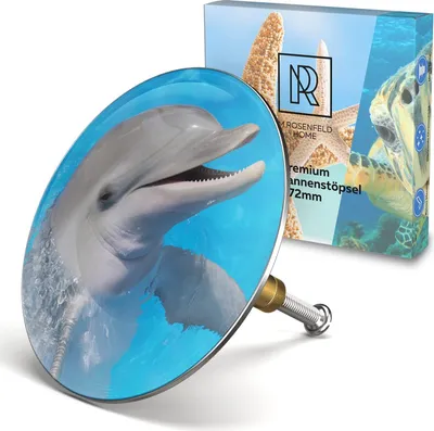 Produktbild von M. ROSENFELD HOME Badewannenstöpsel mit Motiv Delfin - Delphin - Stöpsel Badewanne 72mm Universal Badewannenstöpsel aus Messing mit Doppel Dichtung