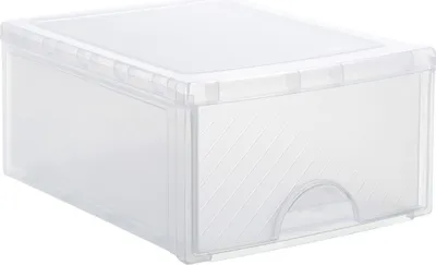 A clear plastic storage box with a drawer is shown against a white background.