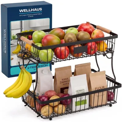 Produktbild von WELLHAUS Obstkorb 2-stufig faltbar aus Metall Schwarz Küchenorganizer