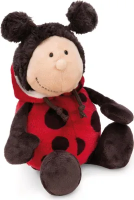 A plush ladybug toy is sitting down, facing forward, against a white background.