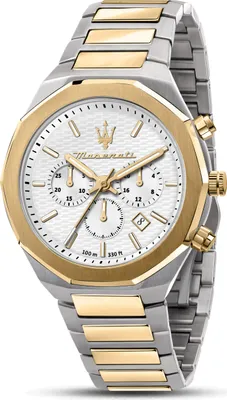 A close-up, studio shot of a men's Maserati watch with a two-tone metal band and a white dial.