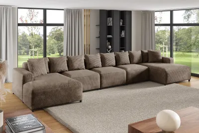 Productafbeelding van Zitmeubel, hoekbank, designbank MEGAN XL, bekleed met stof Poso in cappuccino-kleur