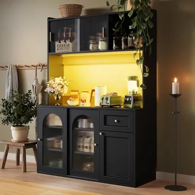Image de Armoire de cuisine avec éclairage LED, étagères réglables, portes et tiroirs, dimensions 120x35x167 cm, couleur noire