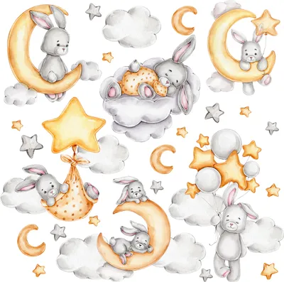 Immagine prodotto di Set di adesivi murali Muralo per bambini CONIGLIETTI Nuvole Stelle Lune 120x60 cm Set di adesivi murali