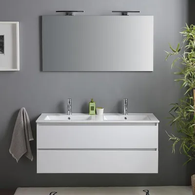 Immagine prodotto di Mobile bagno bianco lucido 120cm, cassetti e doppio lavabo, specchio con lampade | Benaco