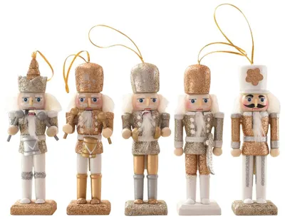 Produktbild von Nussknacker Figuren 5er-Set Weihnachtsanhänger Gold Glitzer.