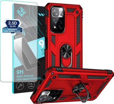 Produktbild von Armor Outdoor Handyhülle für Xiaomi Redmi Note 11 Pro Handy Panzer Case Schutzhülle mit 9H Displayglas Displayschutz Farbe: Rot