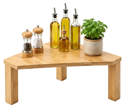 Produktbild von Relaxdays Arbeitsplatten-Regal, 1 Ebene, HxBxT: 15 x 30 x 30 cm, kleines Eckregal, Küche & Bad, Bambus, natur, KI-generiertes Bild