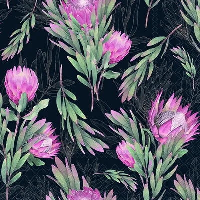 Produktbild von Servietten 33x33 cm Protea black - rosa Blumen