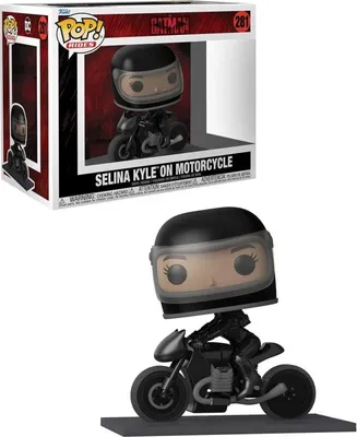 A Funko Pop! Rides figure of Selina Kyle on a motorcycle, shown both in its packaging and as a standalone figure.