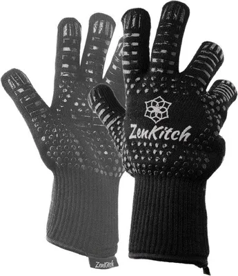 Productafbeelding van Unyqoos® ZenKitch grillhandschoenen – hittebestendig tot 500°C, met 5 vingers, gemaakt van aramidevezels, siliconen antislip, extra lange manchetten, EN407 certificering, set van 2 stuks