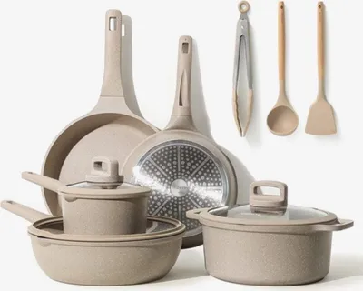 Produktbild von CAROTE 11-teiliges Pfannenset, bestehend aus einer 24/28 cm Bratpfanne, einer 28cm Wokpfanne und einer 16/24cm Saucenpfanne mit Deckel, Silikonbesteck