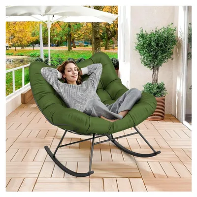 Produktbild von Schaukelstuhl mit dickem Kissen und Metallrahmen, Relaxsessel für Garten, Pool und Hinterhof, max. 205 kg Tragfähigkeit (Grün)