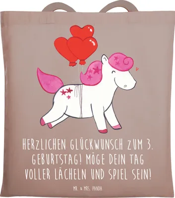Produktbild von Mr. & Mrs. Panda Tote Bag 3. Geburtstag Lächeln und Spiel - Braun Pastell - Geschenk, Tasche, besonderer Meilenstein, dokumententasche, Liebe Freude, Geschenkideen Kinder