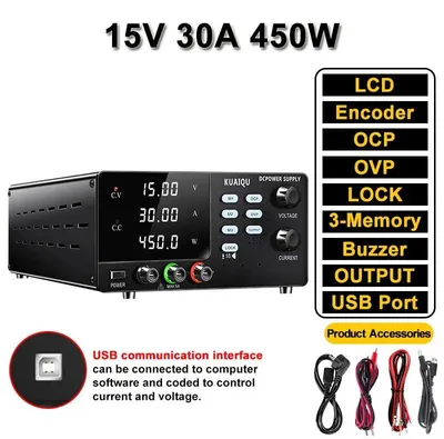 Immagine prodotto di Alimentatore da laboratorio - Alimentatore switching DC programmabile - 0–15V / 0–30V 450W - Tensione regolabile - Protezione OCP OVP - Controllo USB - 0-15V 0-30V 0-450W