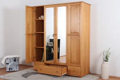 Produktbild von Schlafzimmer - Kleiderschrank mit Spiegel, Kiefer Massivholz Erlefarben - Abmessung: 195 x 162 x 60 cm (H x B x T)