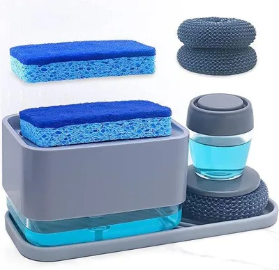 Produktbild von Famanu Spülmittelspender mit Schwammhalter grau - 4-in-1 Spülmitteldispenser