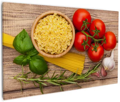 Produktbild von Wallario Premium Leinwandbild Spaghetti mit Tomaten, Knoblauch und Basilikum in Größe 60 x 90 cm
