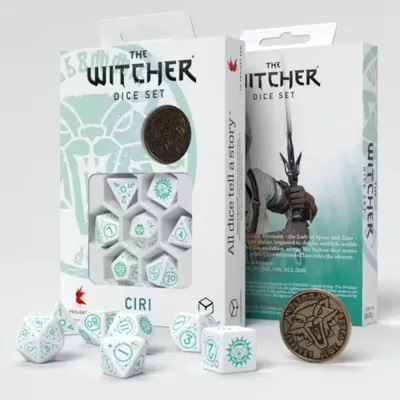 Image de Q-workshop, ensemble de dés "The Witcher". Contient : Ciri, modèle universel, adapté aux adultes et aux enfants, unisexe, en plastique, de couleur turquoise et blanche. Fabriqué en Pologne