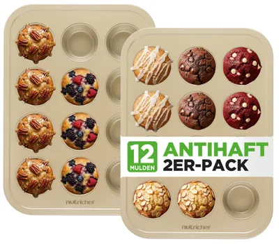 Obrázok produktu pre NutriChef 2-dielna forma na muffiny s nepriľnavým povrchom – bez PTFE, PFOA, PFOS a BPA – plech na muffiny s 12 košíčkami, celkom 24 ks – forma na muffiny