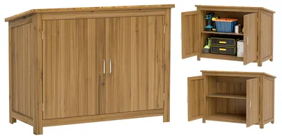 Image de Abri de jardin en bois avec toit en pente et armoire à outils résistante aux intempéries, de couleur marron