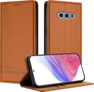 A brown leather flip case for a Samsung Galaxy S10E phone is shown.