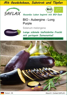 Produktbild von SAFLAX Anzucht Set - BIO - Aubergine - Long Purple - Solanum melongena - 20 Samen - Mit Mini-Gewächshaus, Anzuchtsubstrat und 2 Töpfen