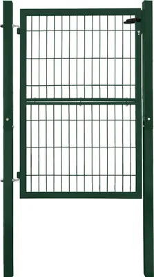 A green metal garden gate with posts, shown against a white background.