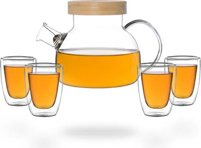 Produktbild von Kira Teeset / Teeservice / Teekanne Glas 900ml mit Tüllensieb, Bambusdeckel und 4 Teecups je 100ml