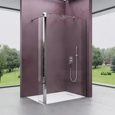 A modern shower enclosure with glass panels and a silver frame, set against a purple wall and overlooking a green outdoor landscape through large windows.